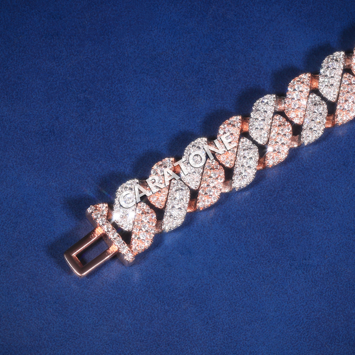 Two Tone Rose Gold & White Gold Fully Iced Out Diamond Cuban Link Bracelet with Pavé Box Clasp