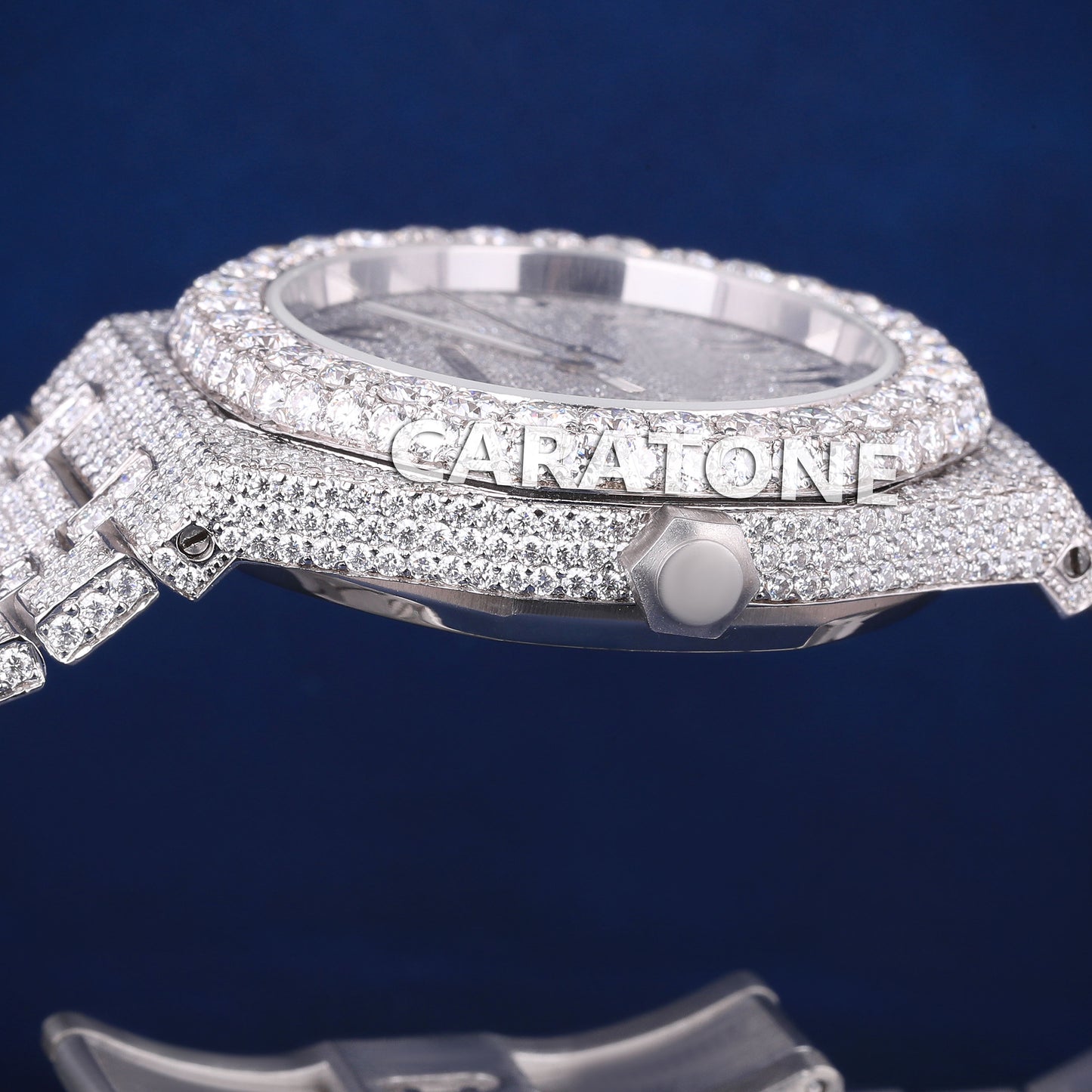 Full iced out hip hop branded watch in white tone with black arabic numerals in dial and diamond tester passed