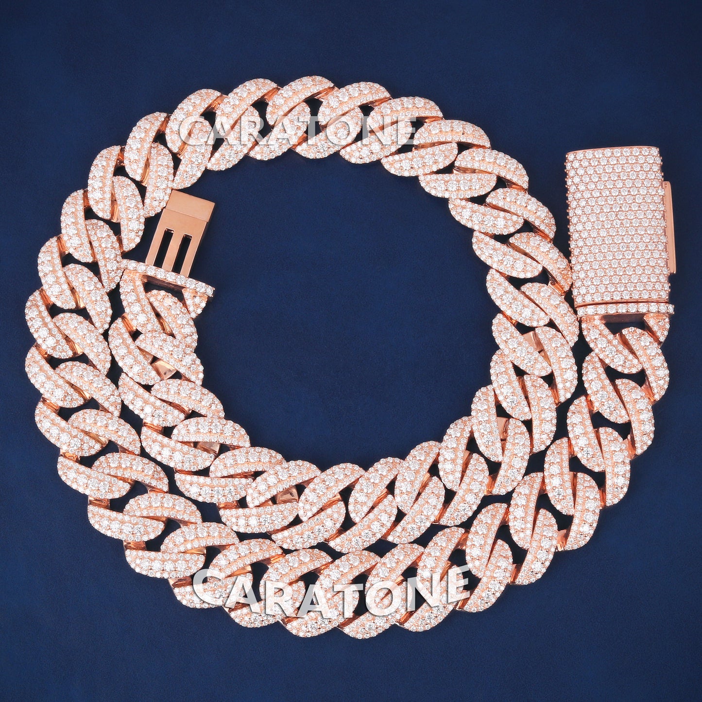 20 inch 18mm Fully Iced Out Rose Gold Miami Cuban Link Chain Necklace Mens