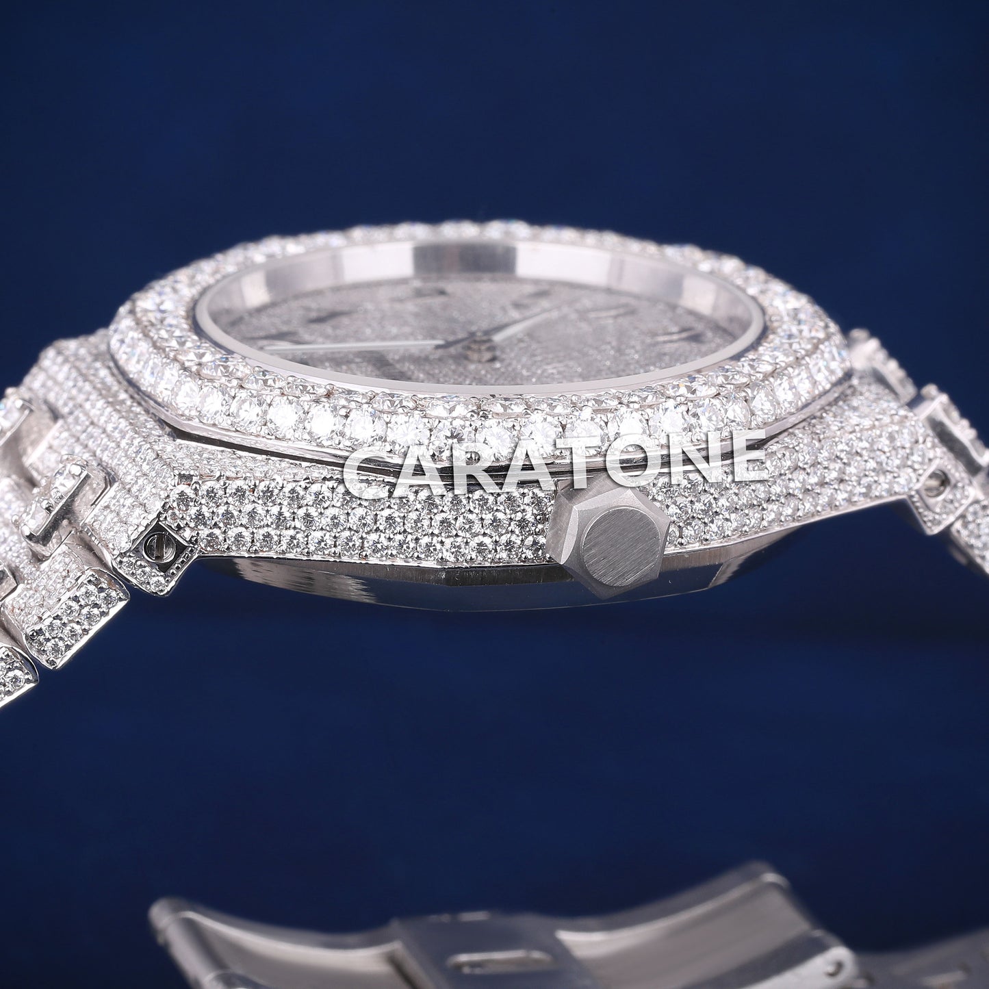 Full iced out hip hop branded watch in white tone with black arabic numerals and diamond tester passed
