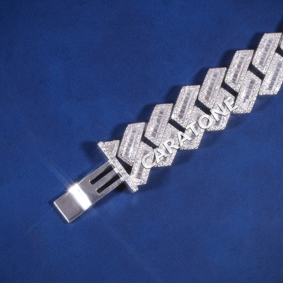 Elegant Iced Out Diamond Link Bracelet in White Gold, Premium Baguette and Pave Stone Setting, Unique Hip Hop Luxury Jewelry for Men