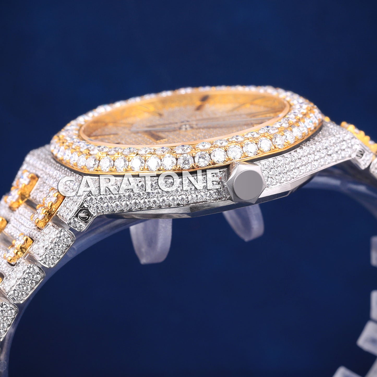 Mens Iced Out Watches Two Tone Silver Yellow Gold Plated Bust Down Moissanite Watch