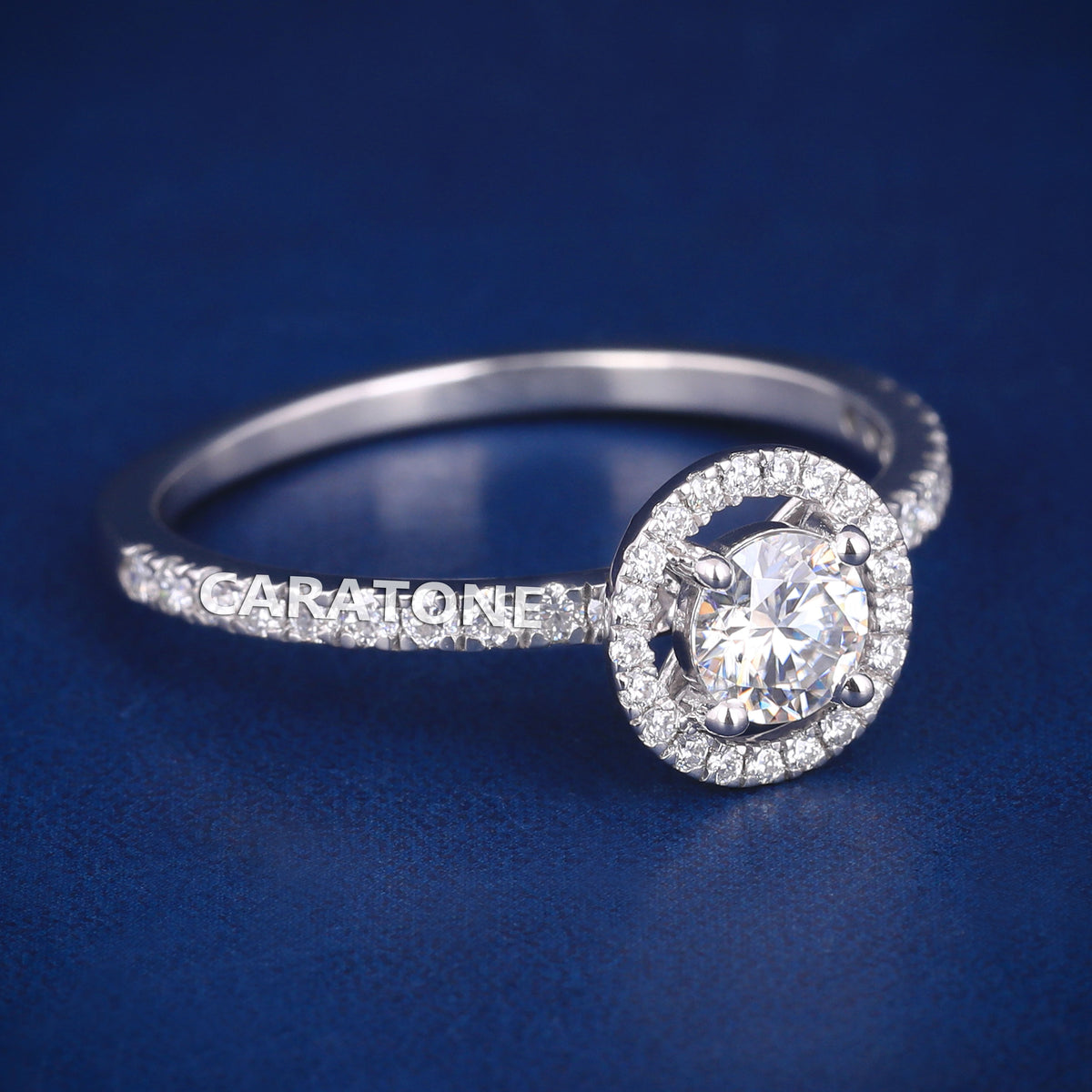 Exclusive Premium Halo Solitaire Ring With Round Brilliant Cut Center Stone, Sparkling White CZ Halo Setting, Elegant Pave Stone Band And Engagement Jewelry For Women