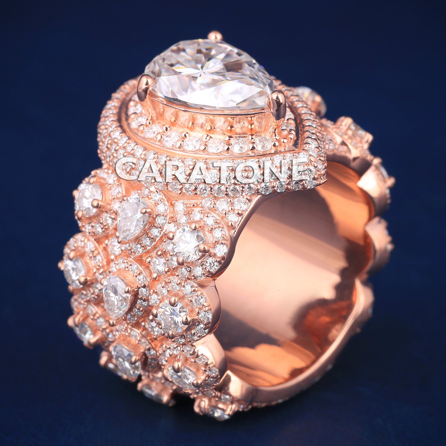 Mens Custom Unique Designer Diamond Rings in Rose Gold Double Halo Pear Big Diamond Custom Wedding Rings for Mens