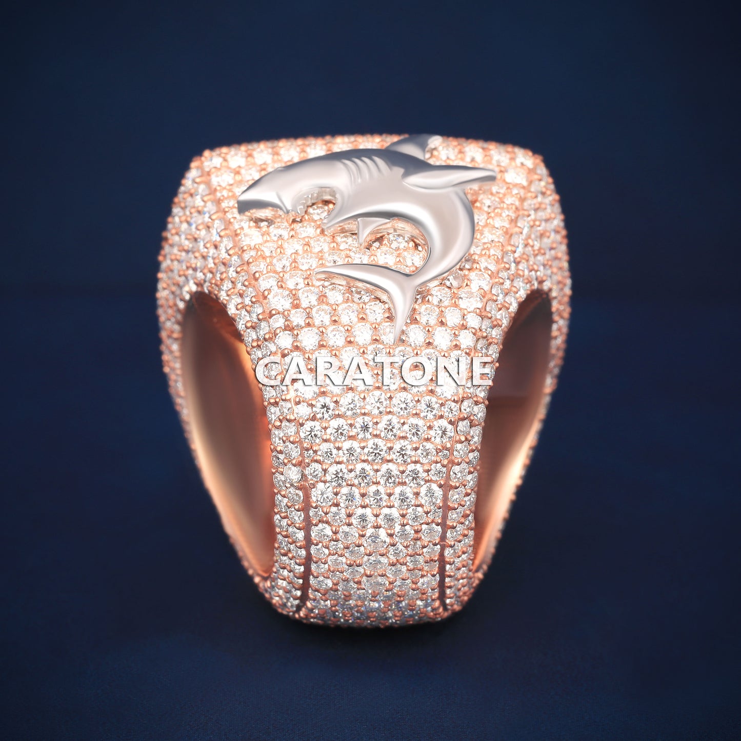 Fully Iced Out Chunky Square Diamond Ring in Rose & White Gold Drip