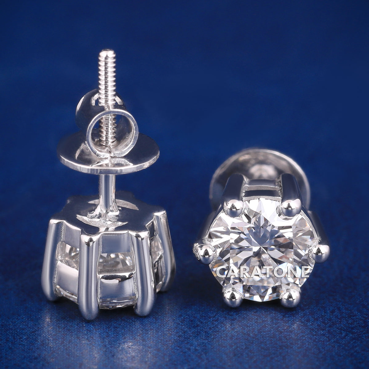 Six-Prong Round Diamond Stud Earrings in White Gold Finish