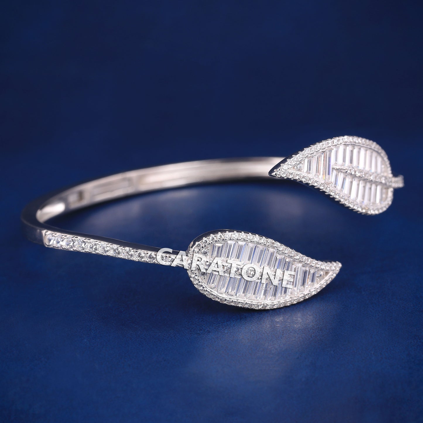 Buy Luxurious Custom White Gold Leaf Bangle Bracelet with Baguette and Round cut Diamonds Wedding Gift Bracelet for Her