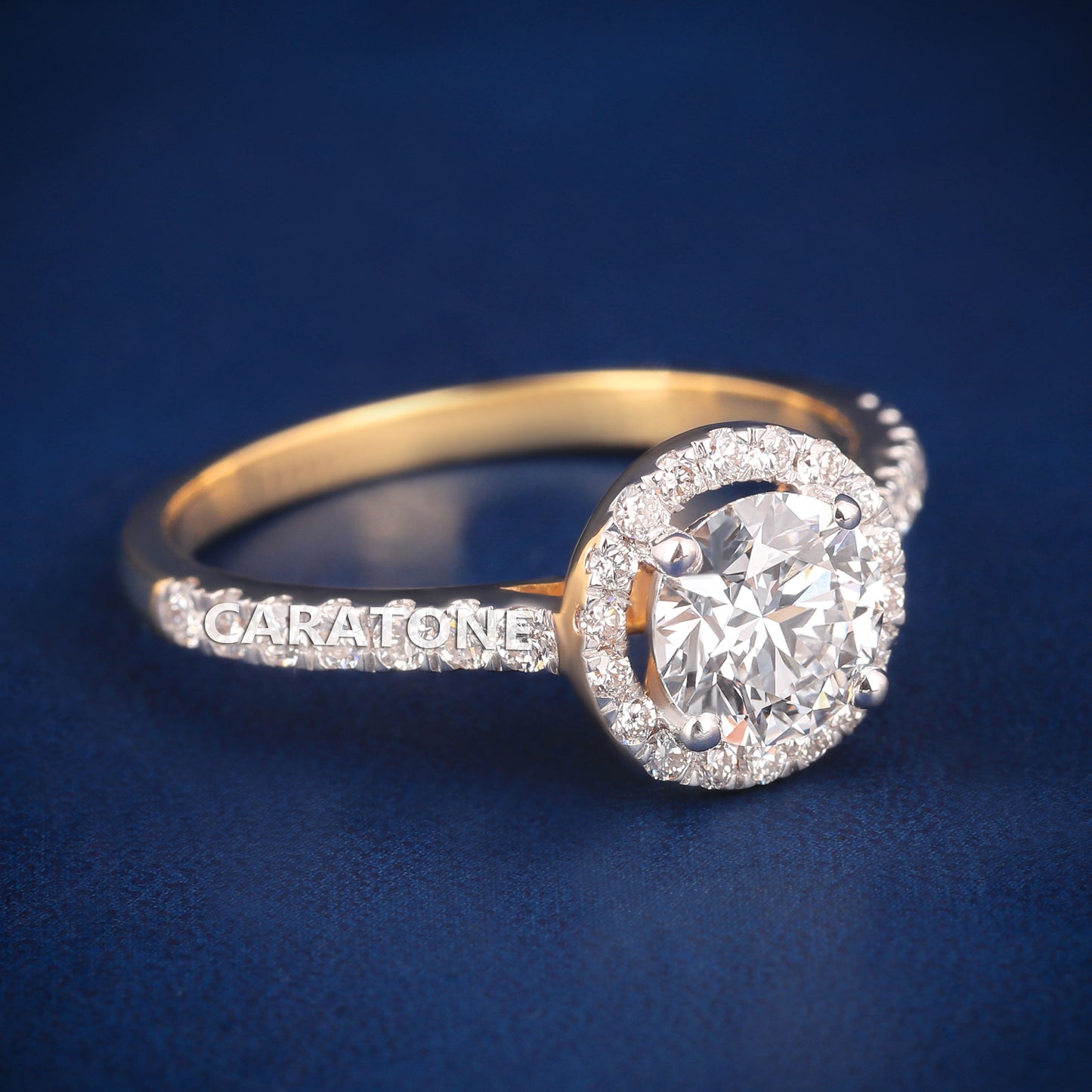 Halo Style Round Diamond Engagement Ring with Pavé Band in 14K Yellow Gold