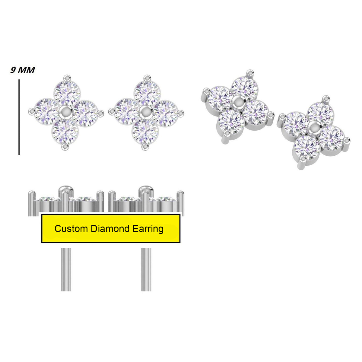 Custom Four Stone Diamond Flower Stud Earrings for Men & Women