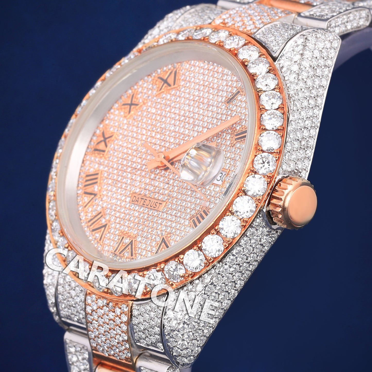 Fully Iced Out Mens Hip Hop Watches Two Tone Silver Rose Roman Numeral Dial Customized Watches