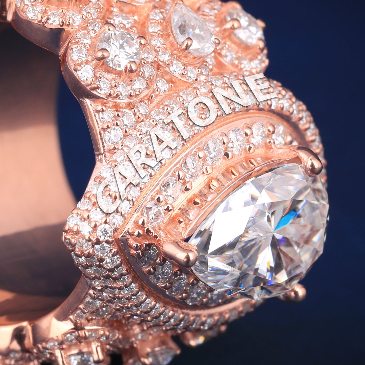 Mens Custom Unique Designer Diamond Rings in Rose Gold Double Halo Pear Big Diamond Custom Wedding Rings for Mens