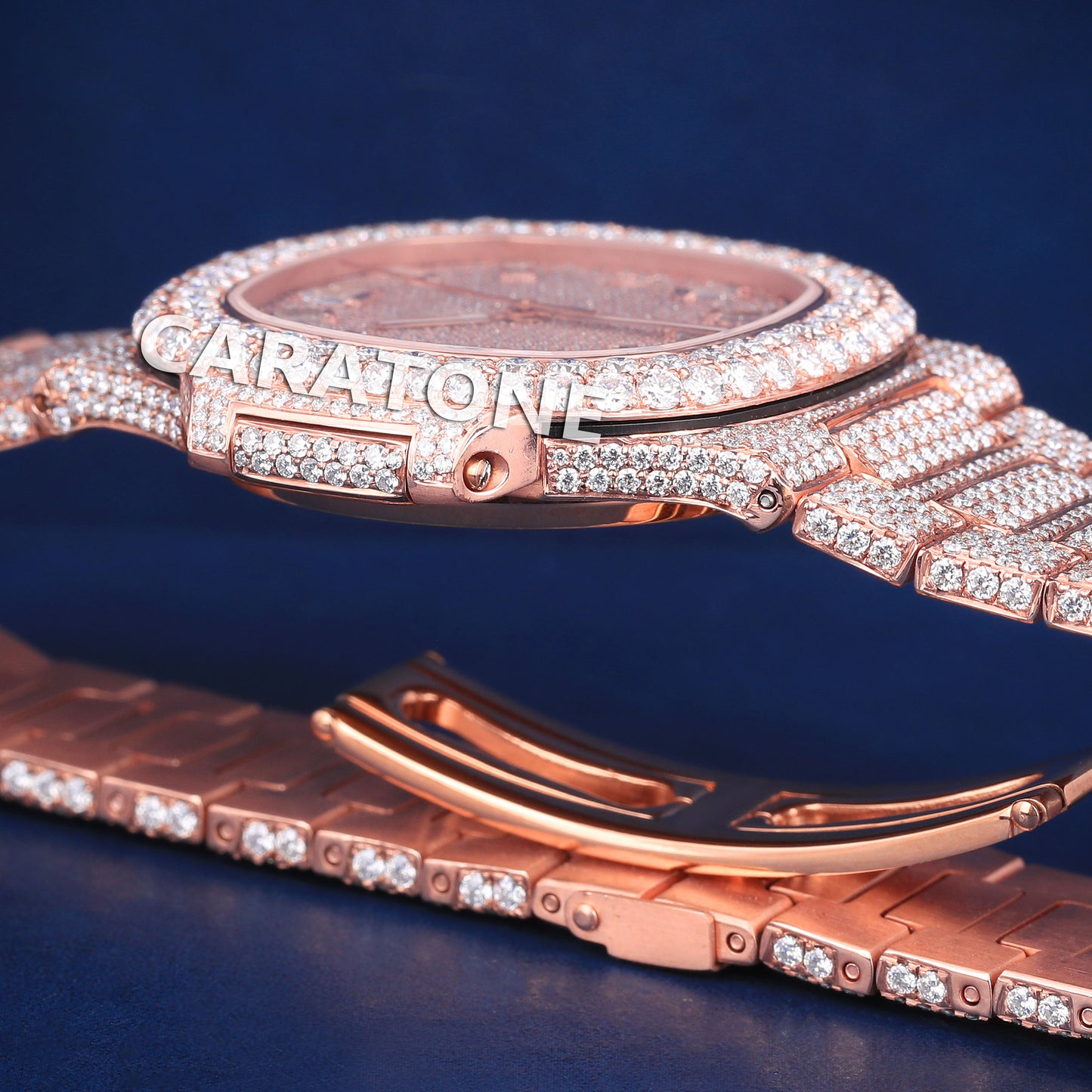 Full iced out hip hop branded watch in rose gold tone with diamond tester passed