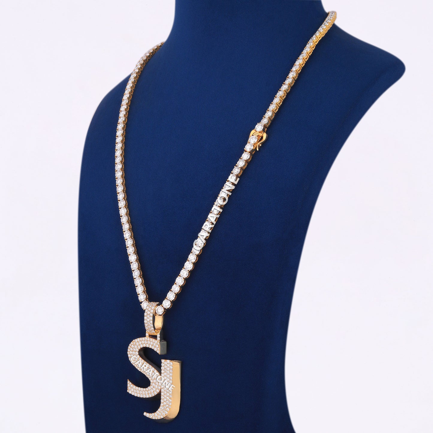 14kt Yellow Gold Chain Pendant Fully Iced Out Round Diamond Tennis Chain with Custom Initial Letter Pendant in Unique Diamond Chain Pendant Luxury Necklace