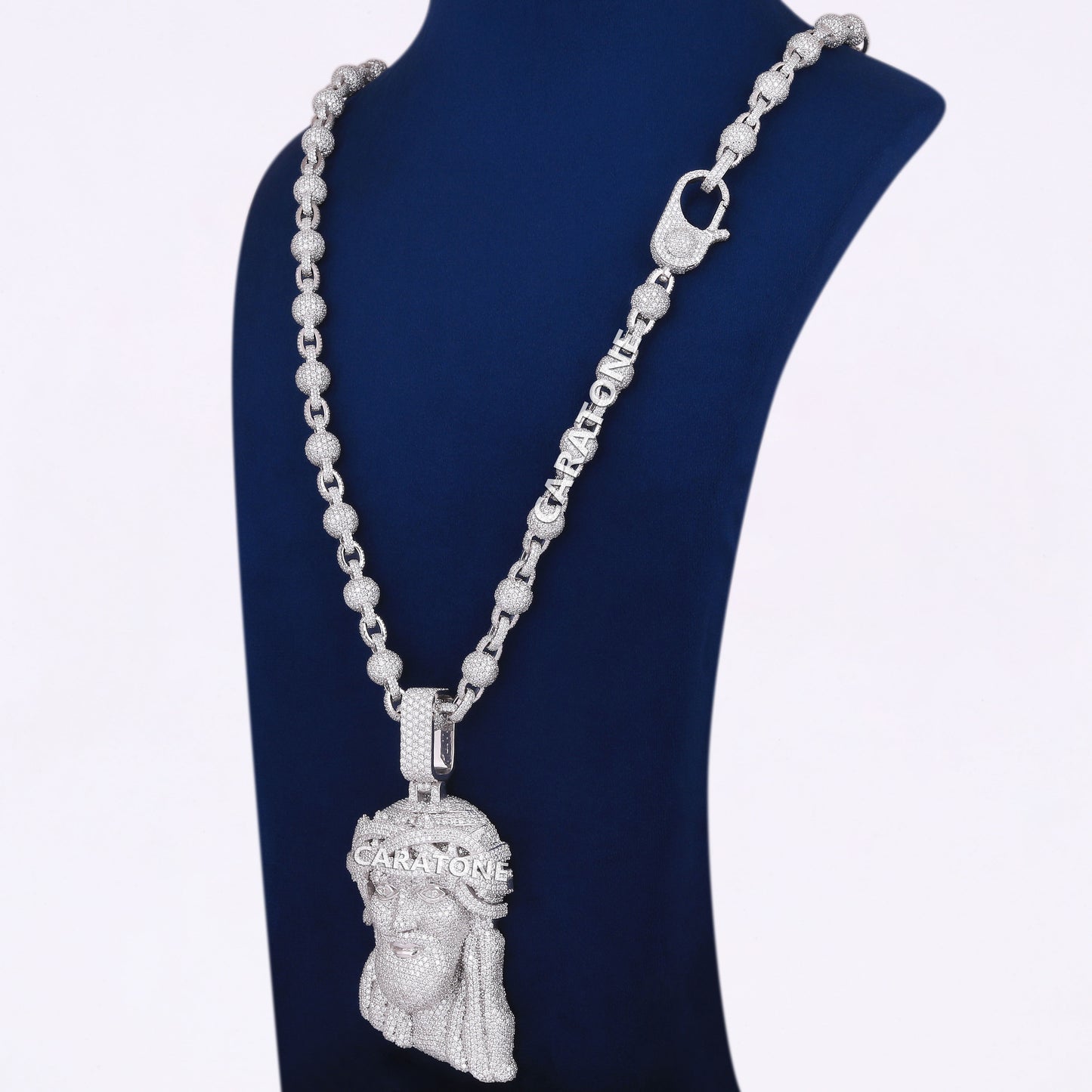 Lab Diamond Ball With Link Style Chain And Jesus Pendant In 925 Sterling Silver