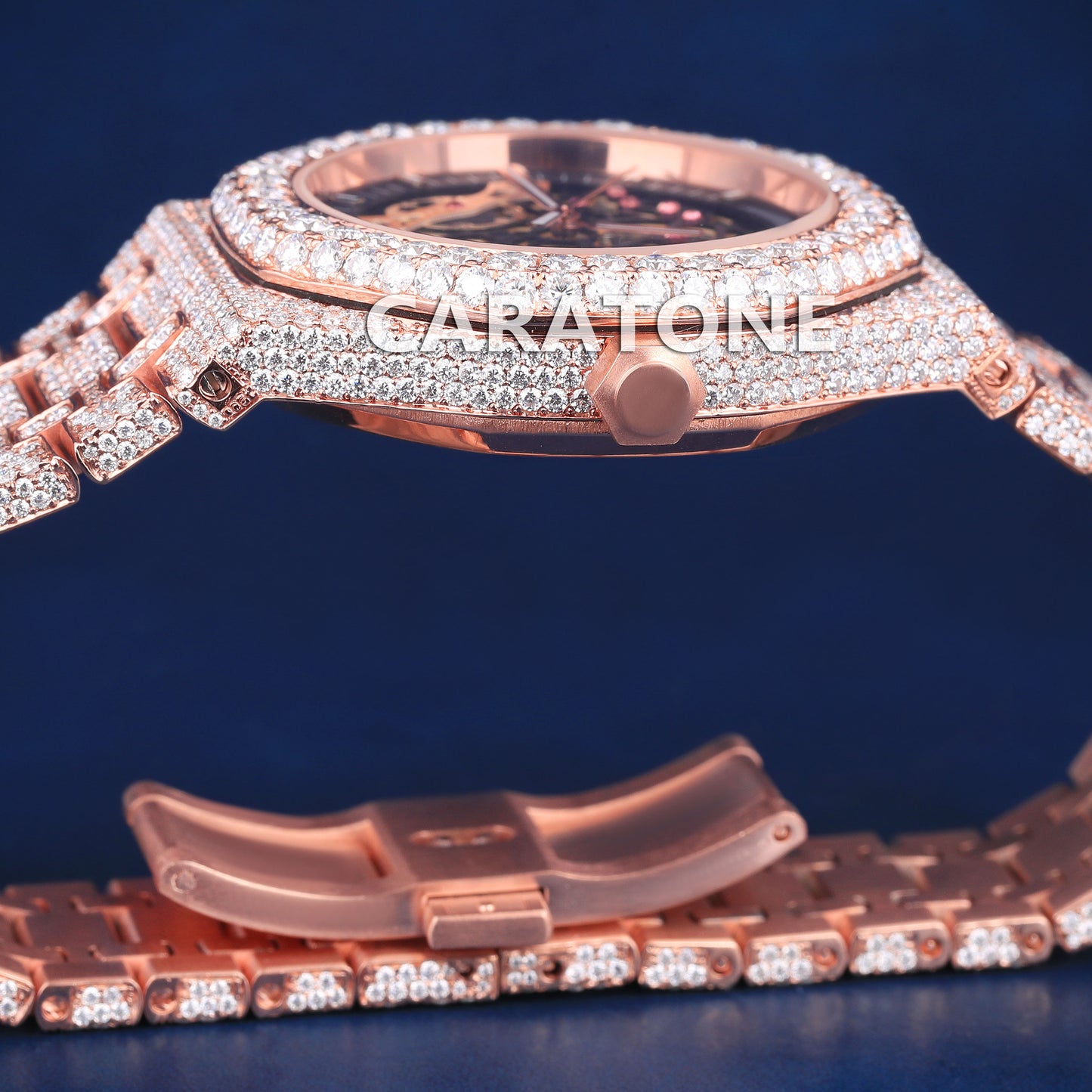 Full iced out without dial hip hop branded watch in rose gold tone with D VVS clarity