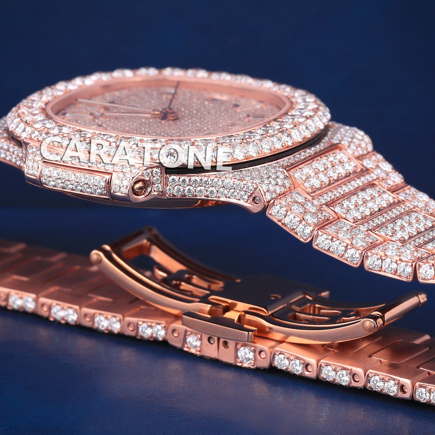 Full iced out hip hop branded watch in rose gold tone with baguette diamonds in dial and diamond tester passed