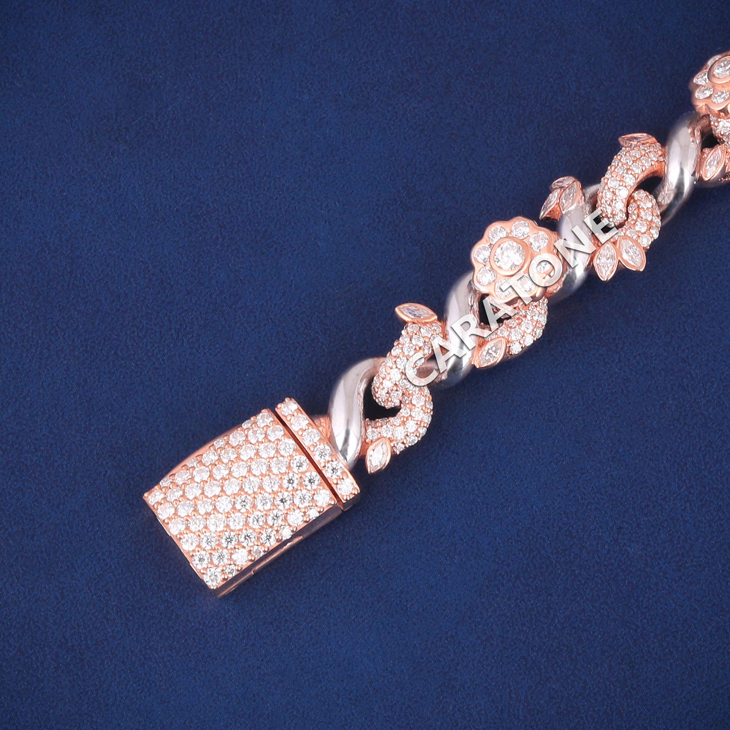 7.8 Inch Custom Fully Rose Gold Plated Iced Out Sterling Silver Flower Infinity Link Bracelets with Lab Diamond Unique Designer Bracelets for Mens