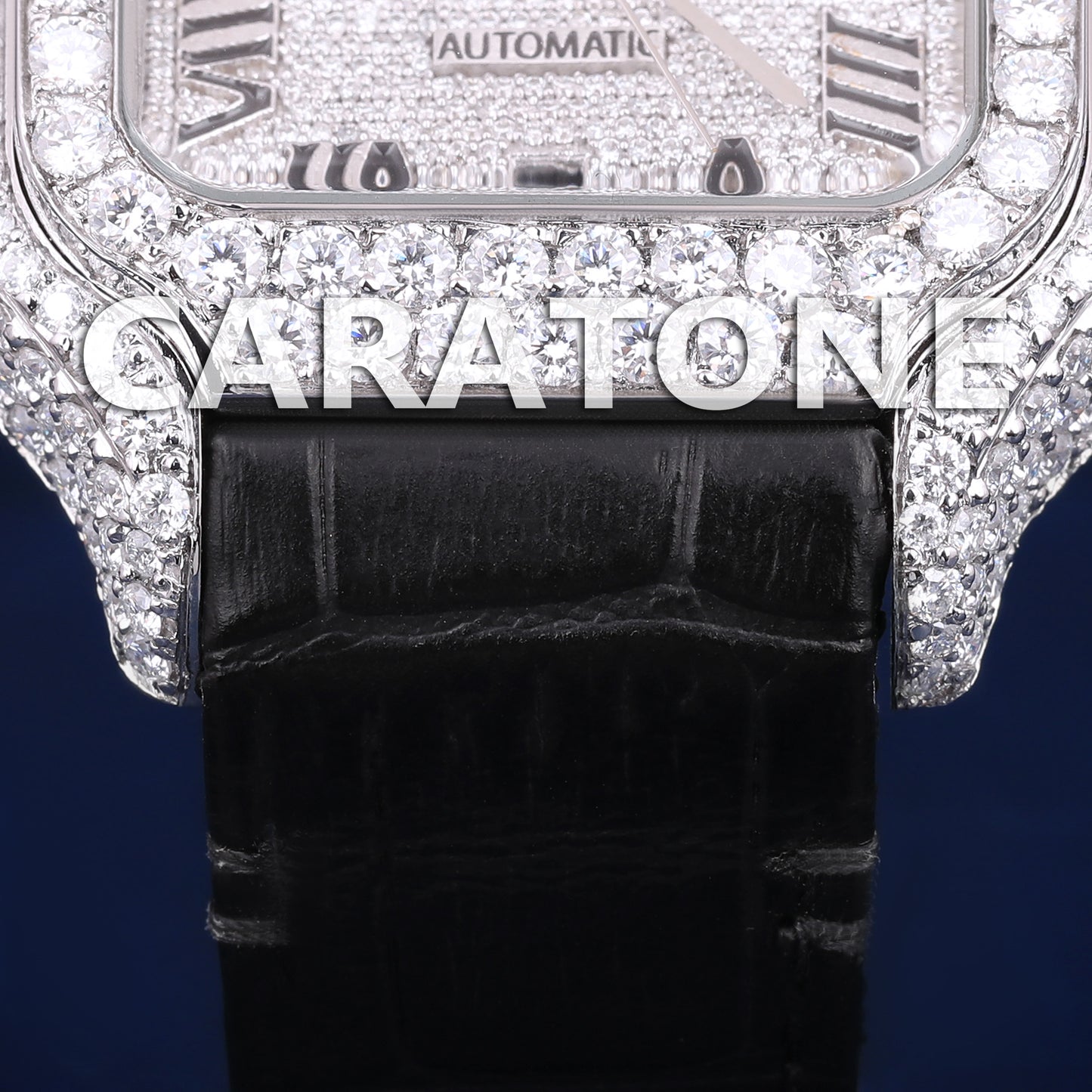 Mens Black Leather Belt Watch Fully Iced Out Silver Diamond Dial with Roman Numeral VVS Hiphop Watch
