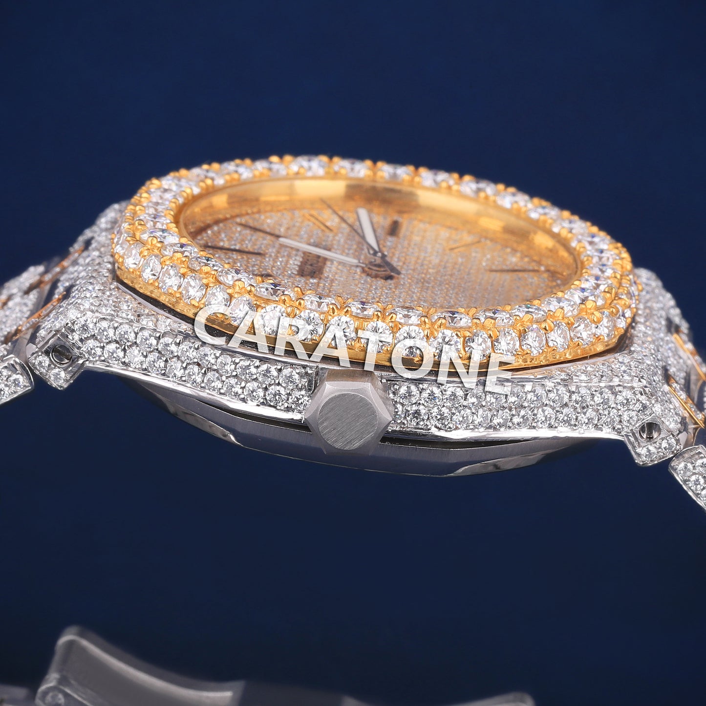 Full iced out hip hop branded watch in two tone and it is of D VVS clarity