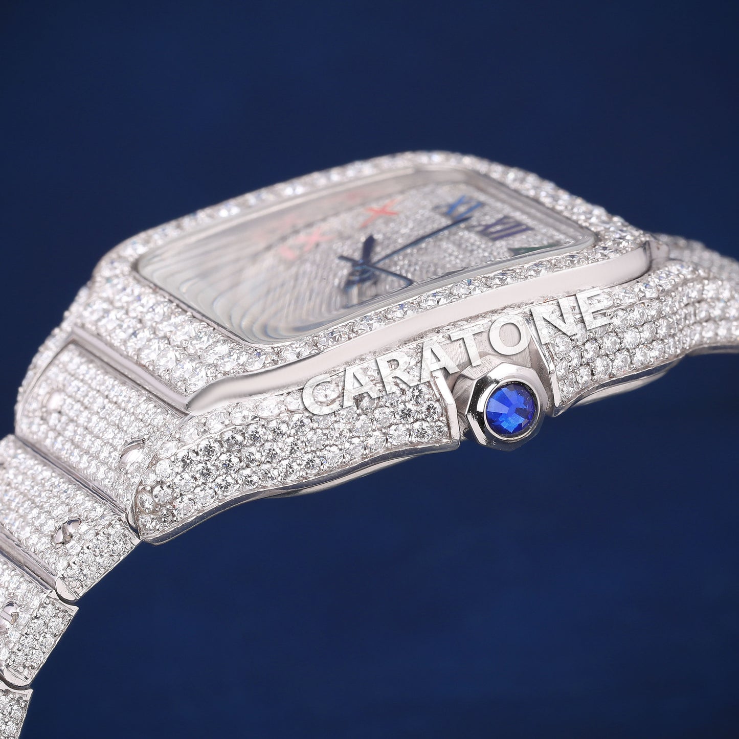 Hip hop full iced out branded watch in white tone with D VVS clarity and colourful roman numerals