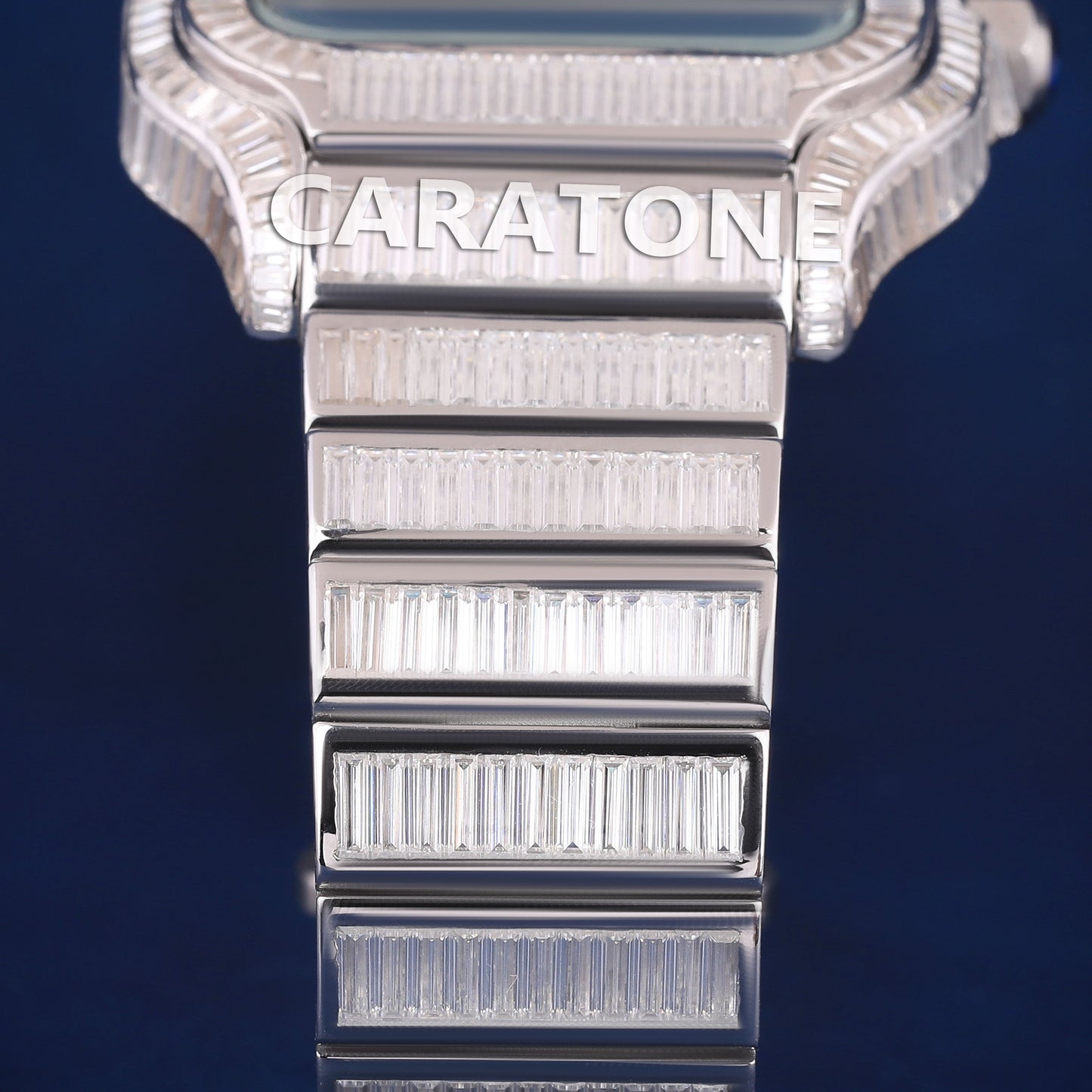 Full iced out hip hop branded watch with full of baguette diamonds in white tone with and diamond tester passed