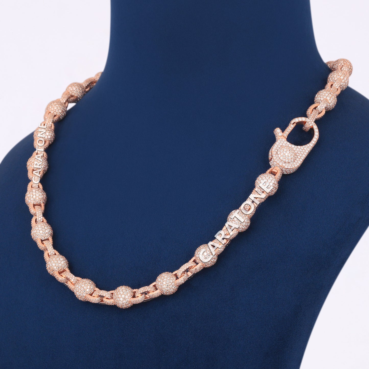 Rose Gold Iced Out Ball Link Chain 20 inch 10mm Full Icy Diamond Beaded Luxury Necklace for Men