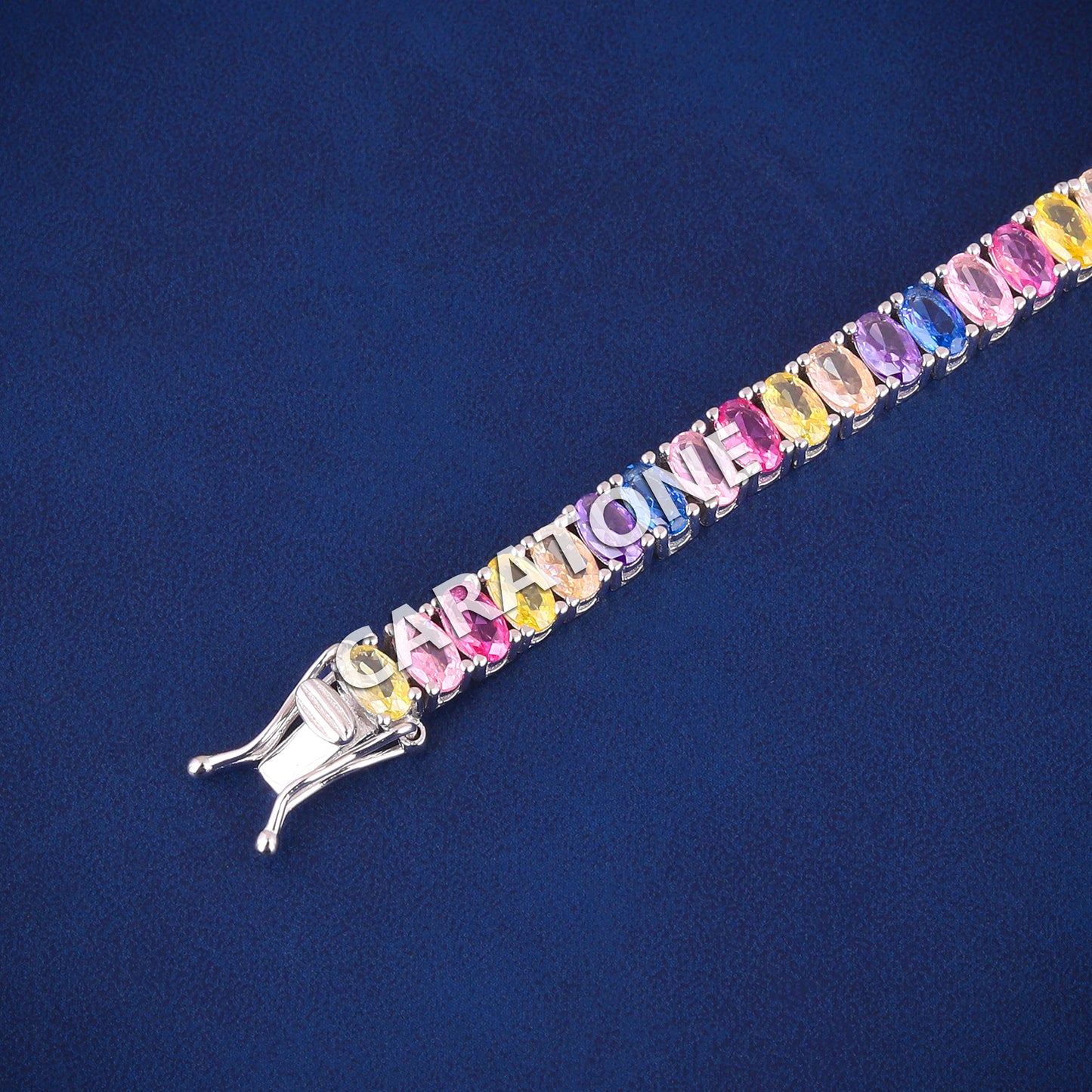 Luxury Custom Multicolor Oval Cut Diamond Tennis Bracelets for Women Fully Iced Out Silver Rainbow Multi Sapphire Tennis Bracelet