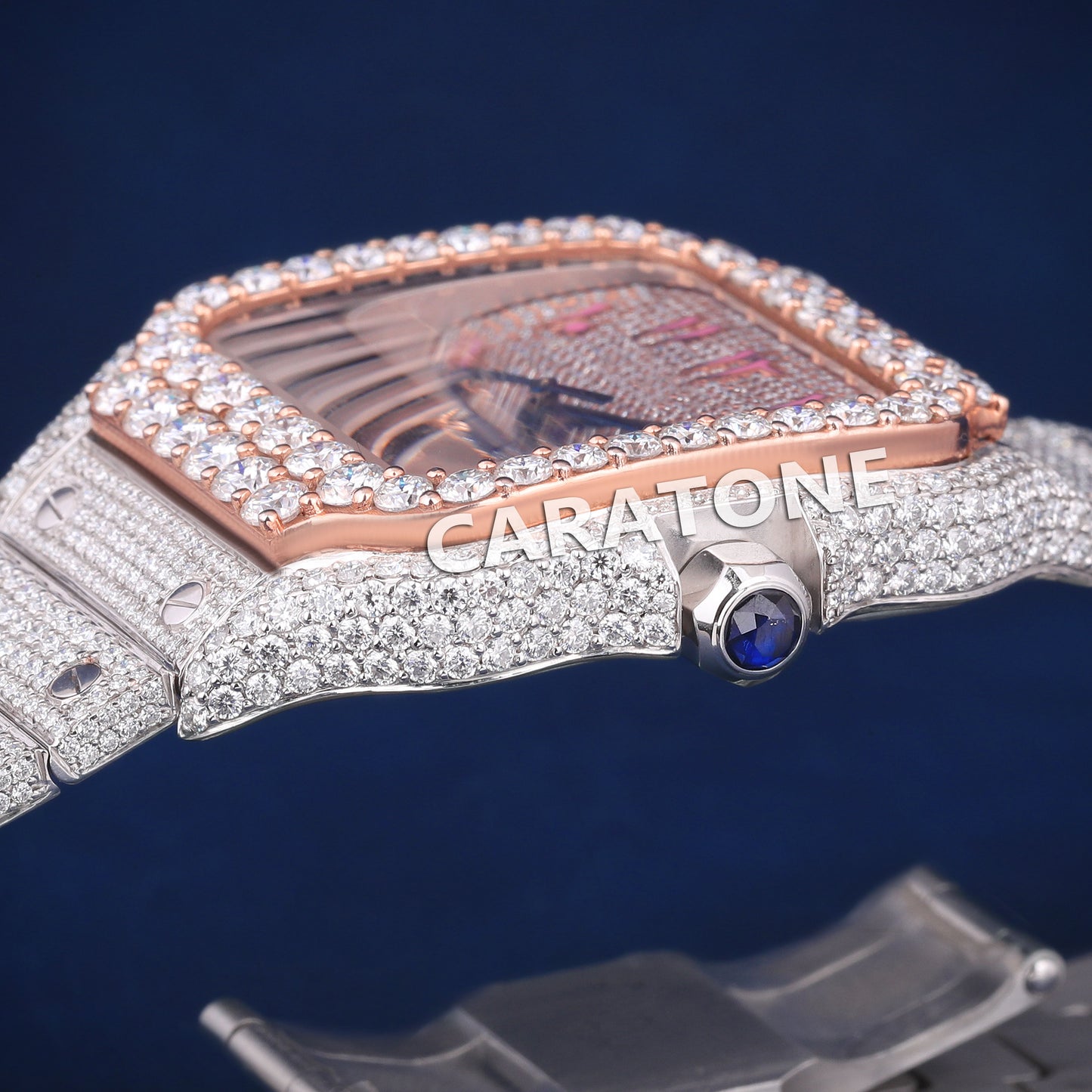 Hip hop full iced out branded watch with pink arabic numerals and diamond tester passed