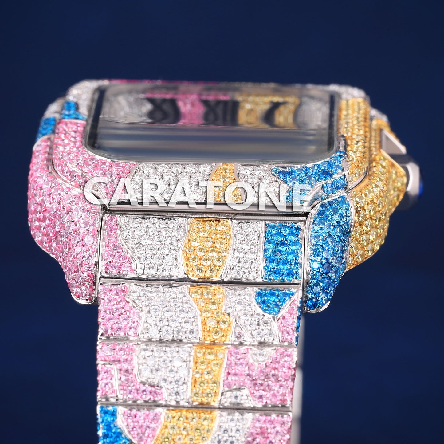 Colourful diamonds full iced out hip hop branded watch with black roman numerals in dial with D VVS clarity
