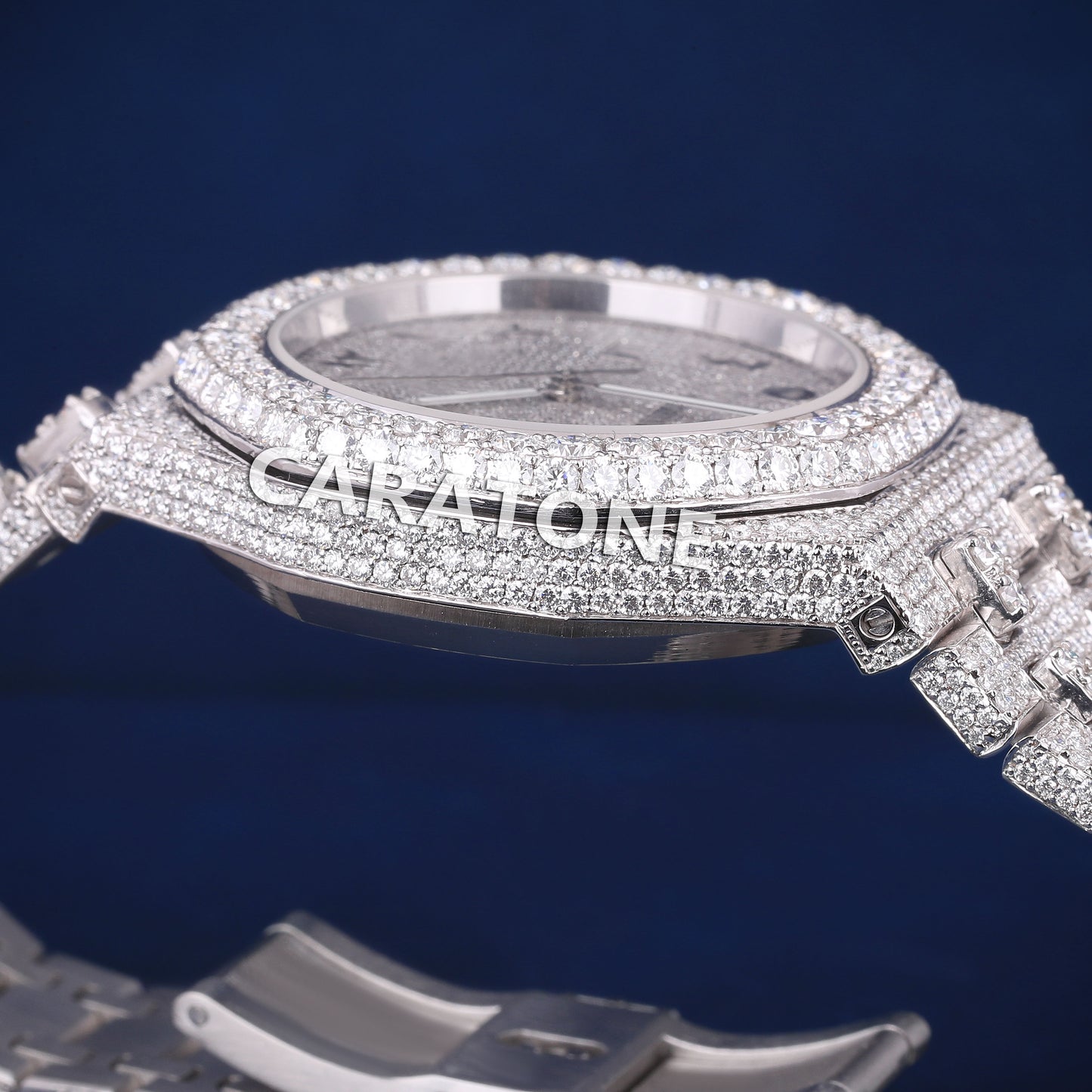 Full iced out hip hop branded watch in white tone with black arabic numerals and diamond tester passed