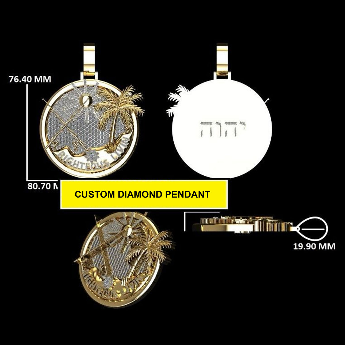 Custom Yellow Gold Beach Scene Hip Hop Pendant with Lab Grown Diamonds