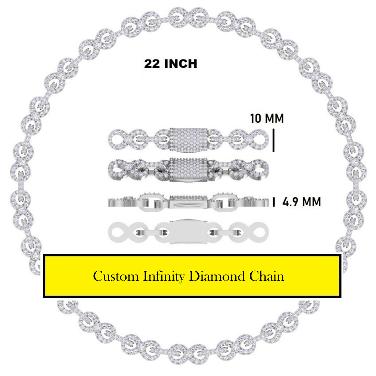 22 Inch 10 MM  Luxury White Gold Plated Iced Out Infinity Link Chain Lab Grown Diamond