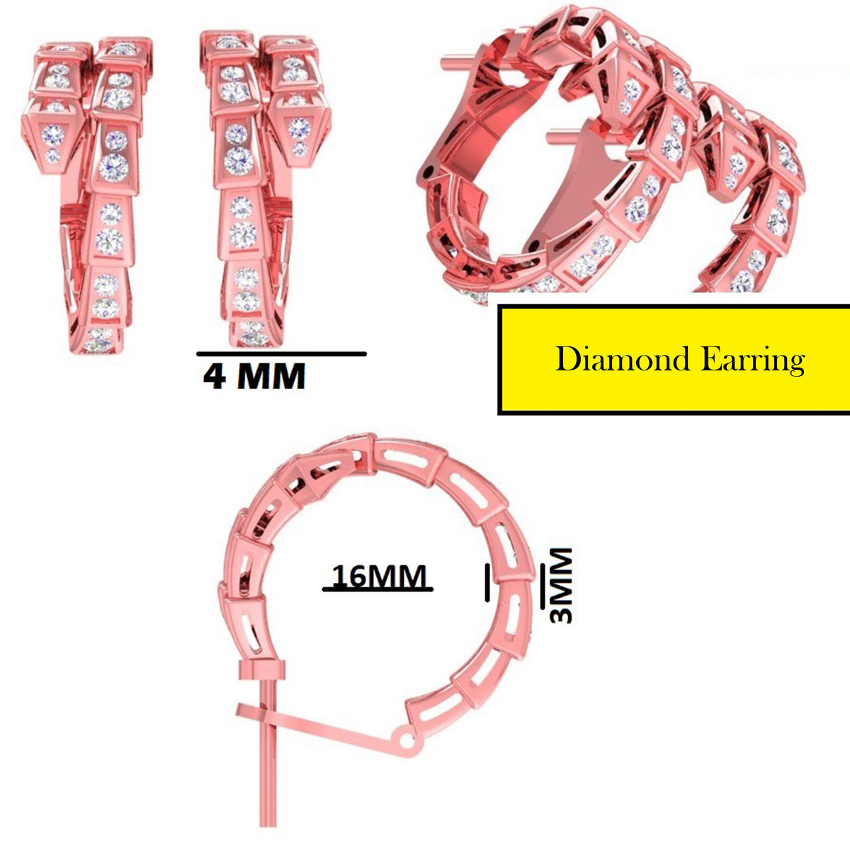 Rose Gold Diamond Geometric Hoop Earrings – Double Row Square Link Design
