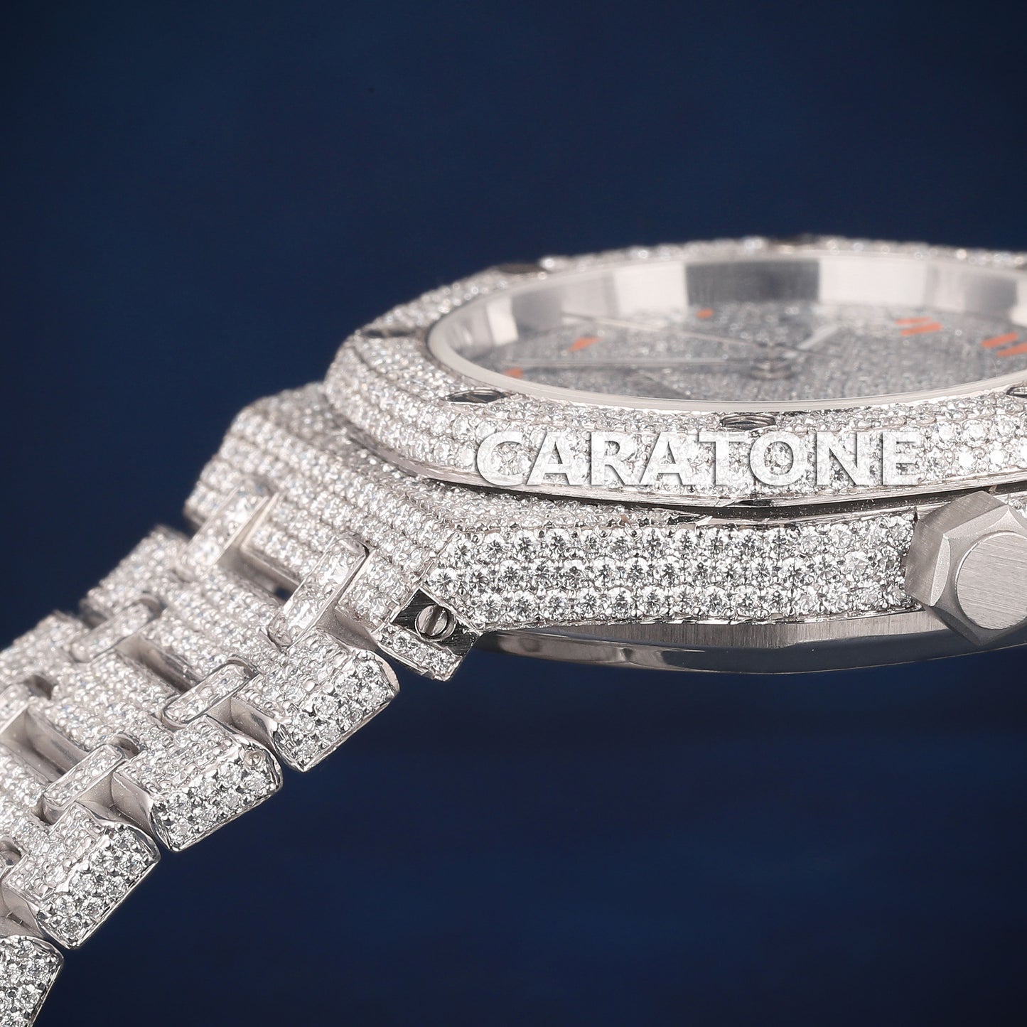 Full iced out Hip hop branded watch with white tone and Orange Arabic numerals in it with Diamond tester passed