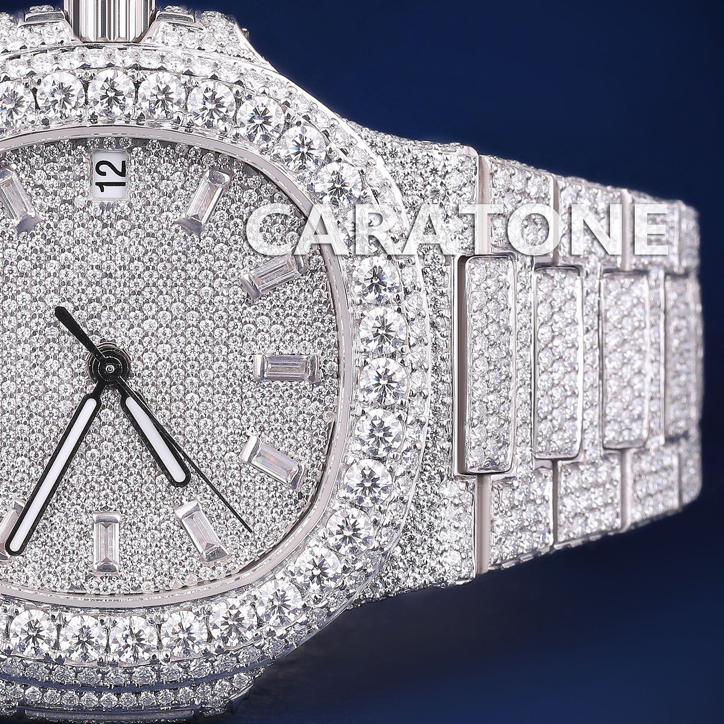 Custom Luxury Mens Watches Fully Iced Out Silver Baguette Dial VVS Clarity Trendy Watches