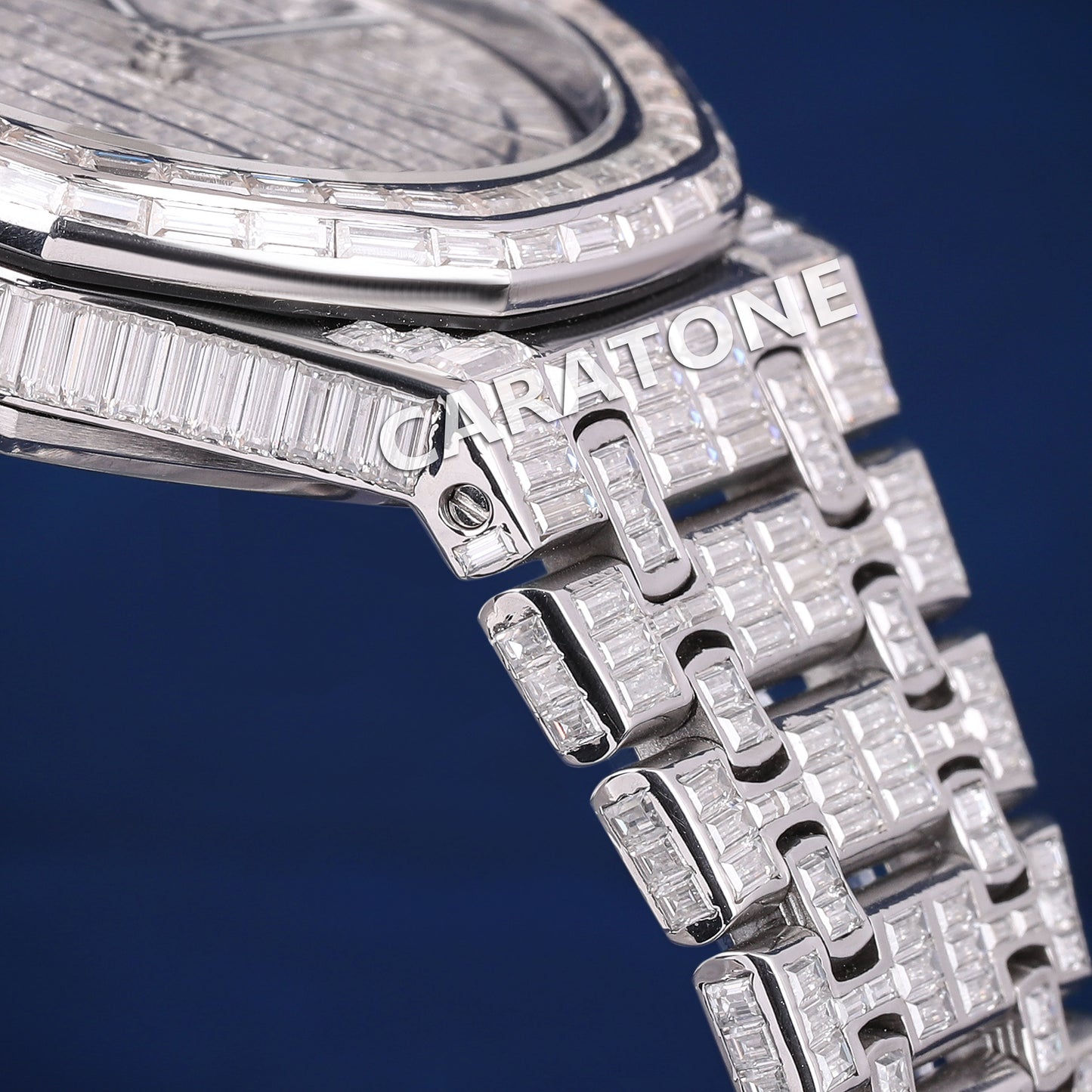 Full iced out Hip hop branded watch with full of baguette diamond in white tone and with D VVS clarity