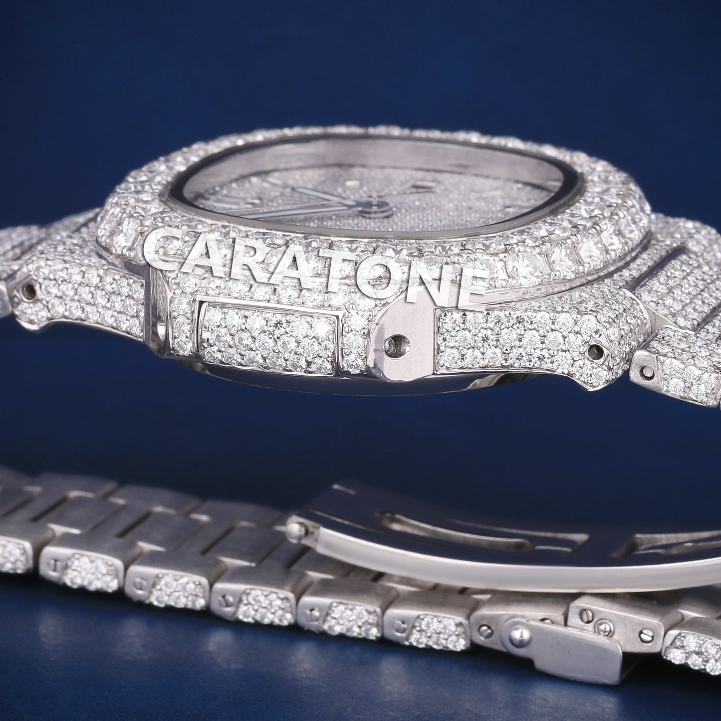 Full iced out hip hop custom made branded watch in white tone with D VVS clarity