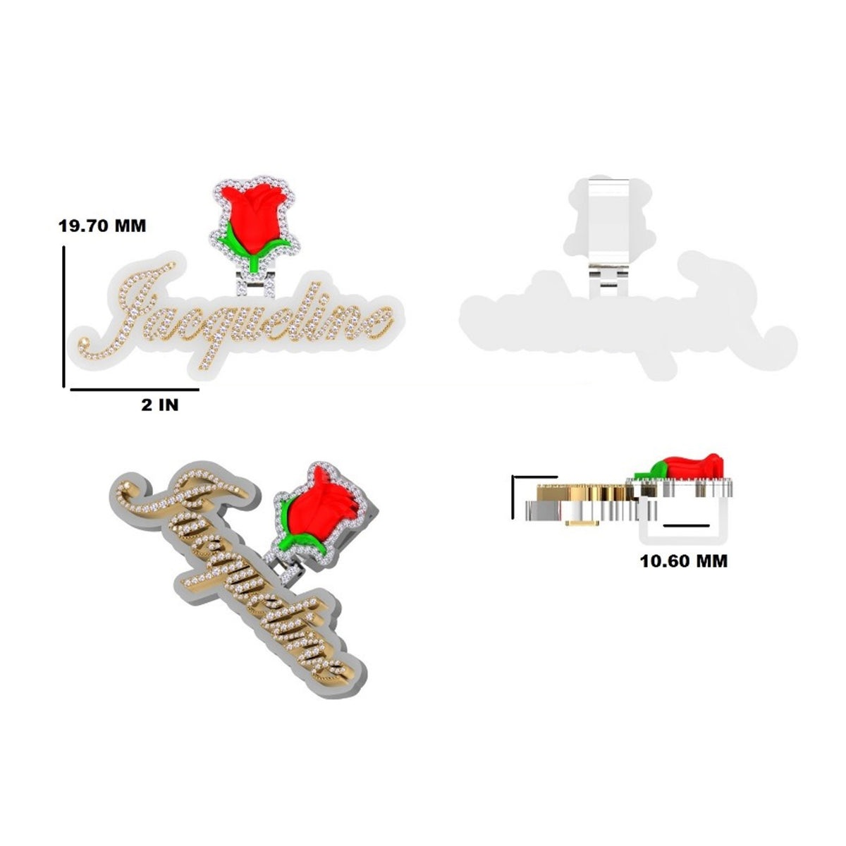 3D Jacqueline Diamond Name Pendant with Red Rose Bail