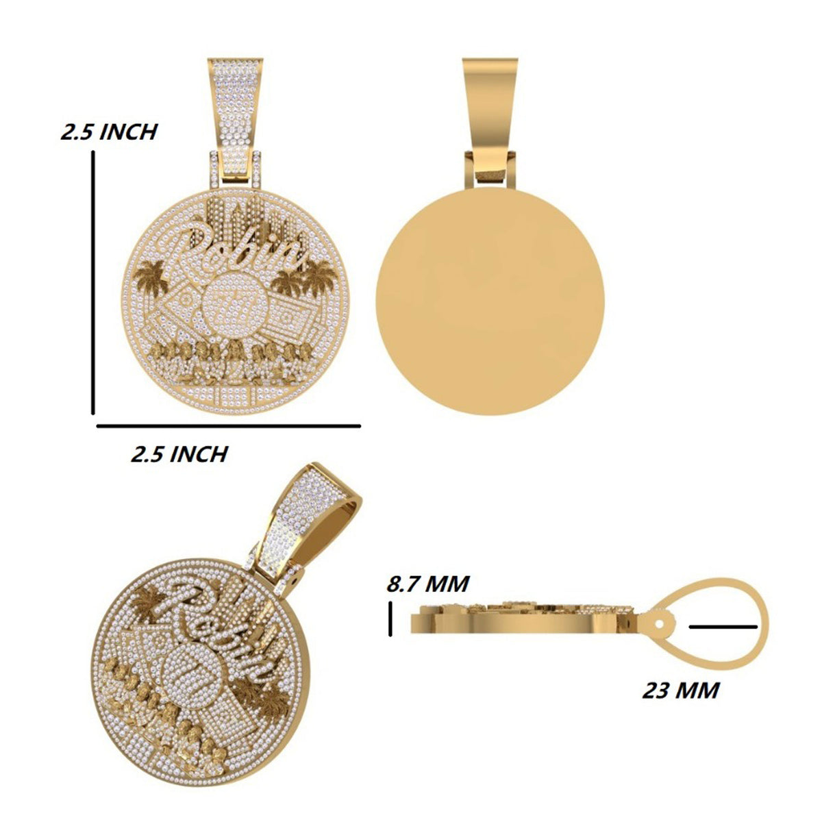 Oversized Round Diamond Statement Pendant with Palm Trees and Architectural Design