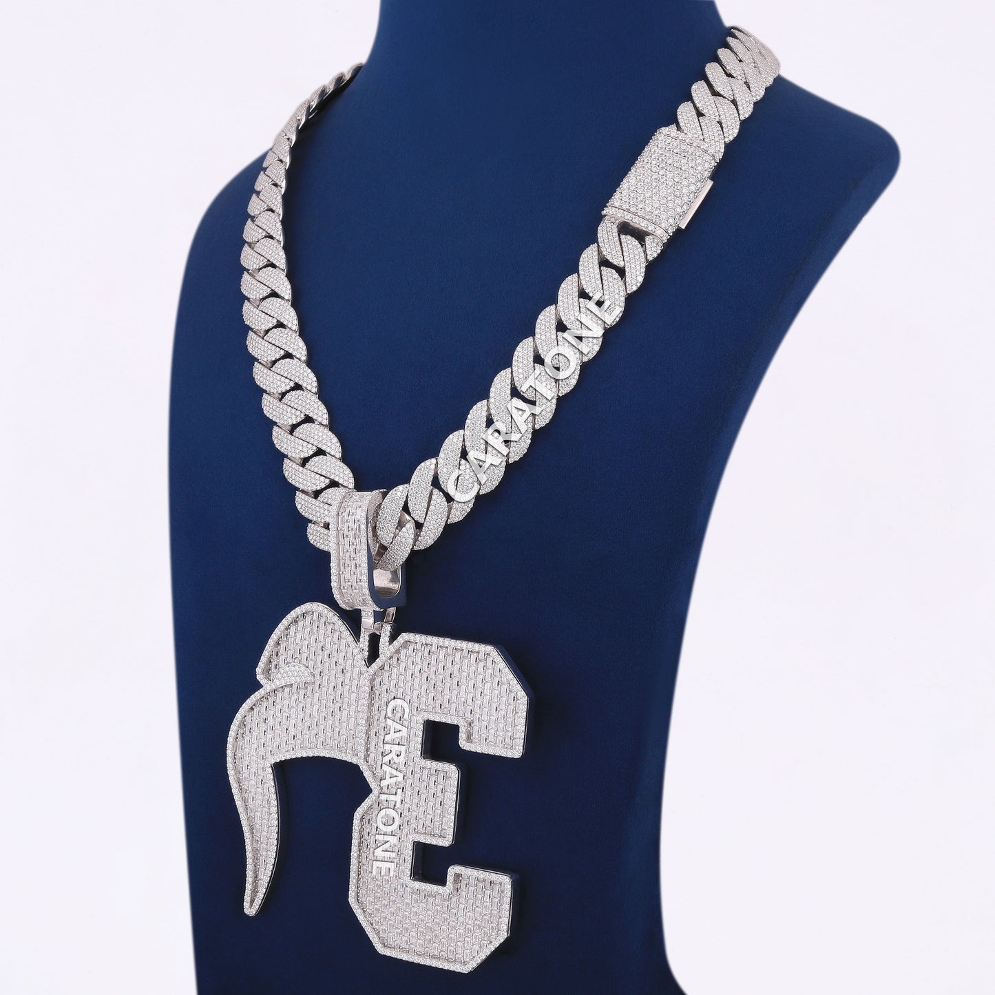 925 Silver Iced Out Custom Baguette Letter Pendant with Cuban Link Chain in Fully Icy Rapper Chain Pendants Necklace