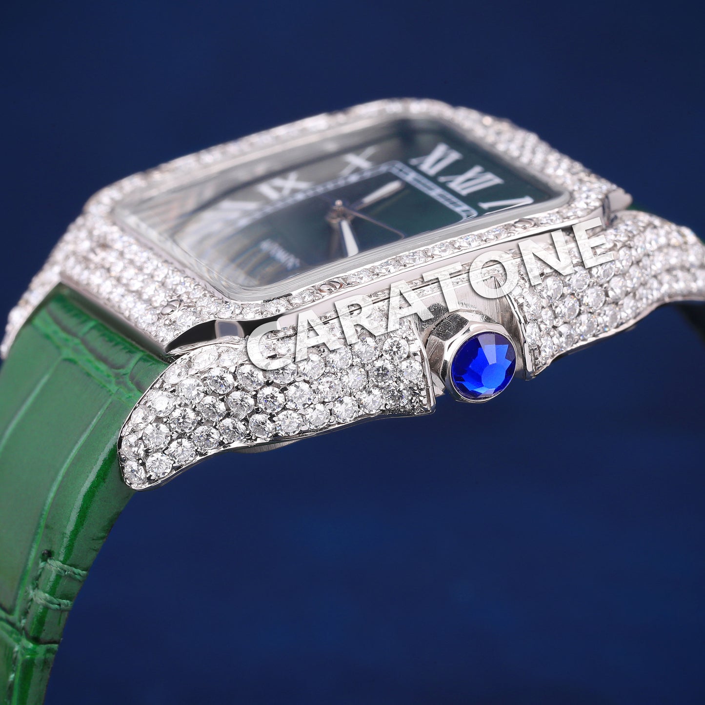 Luxury Mens Watches Rappers Iced Out Watch on Wrist Green Leather Strap Green Dial Watches for Mens in Fully Customized