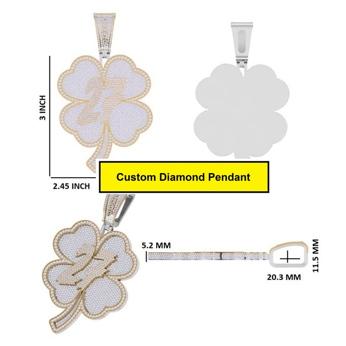 Custom Iced Out Four Leaf Clover Hip Hop Pendant with 27 Logo & Lab Grown Diamonds