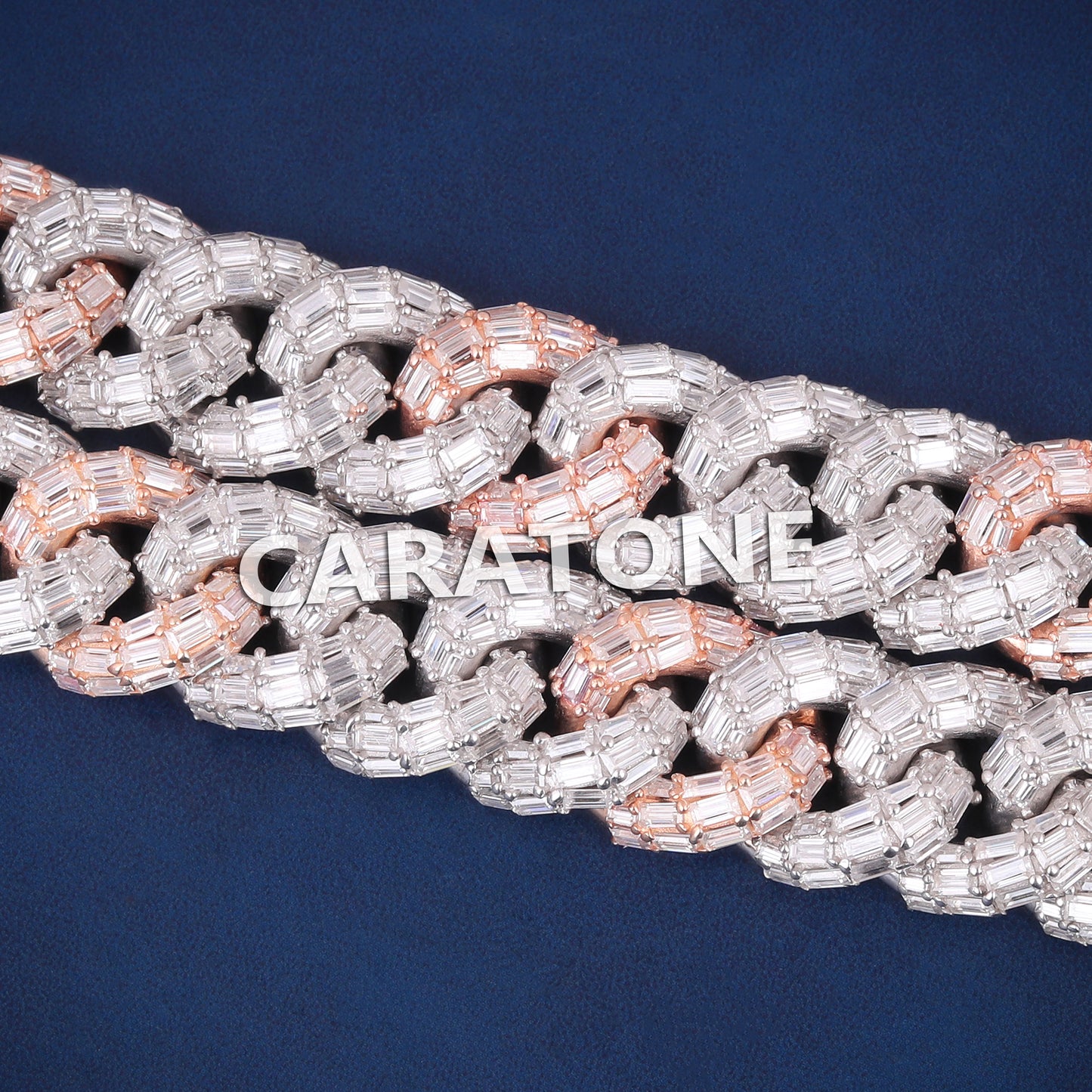 22 inch 15mm Fully Iced New Baguette Figaro Link Chain with Two Tone Silver & Rose Gold Rappers Iced Out Chains in Mens Custom HipHop Chain