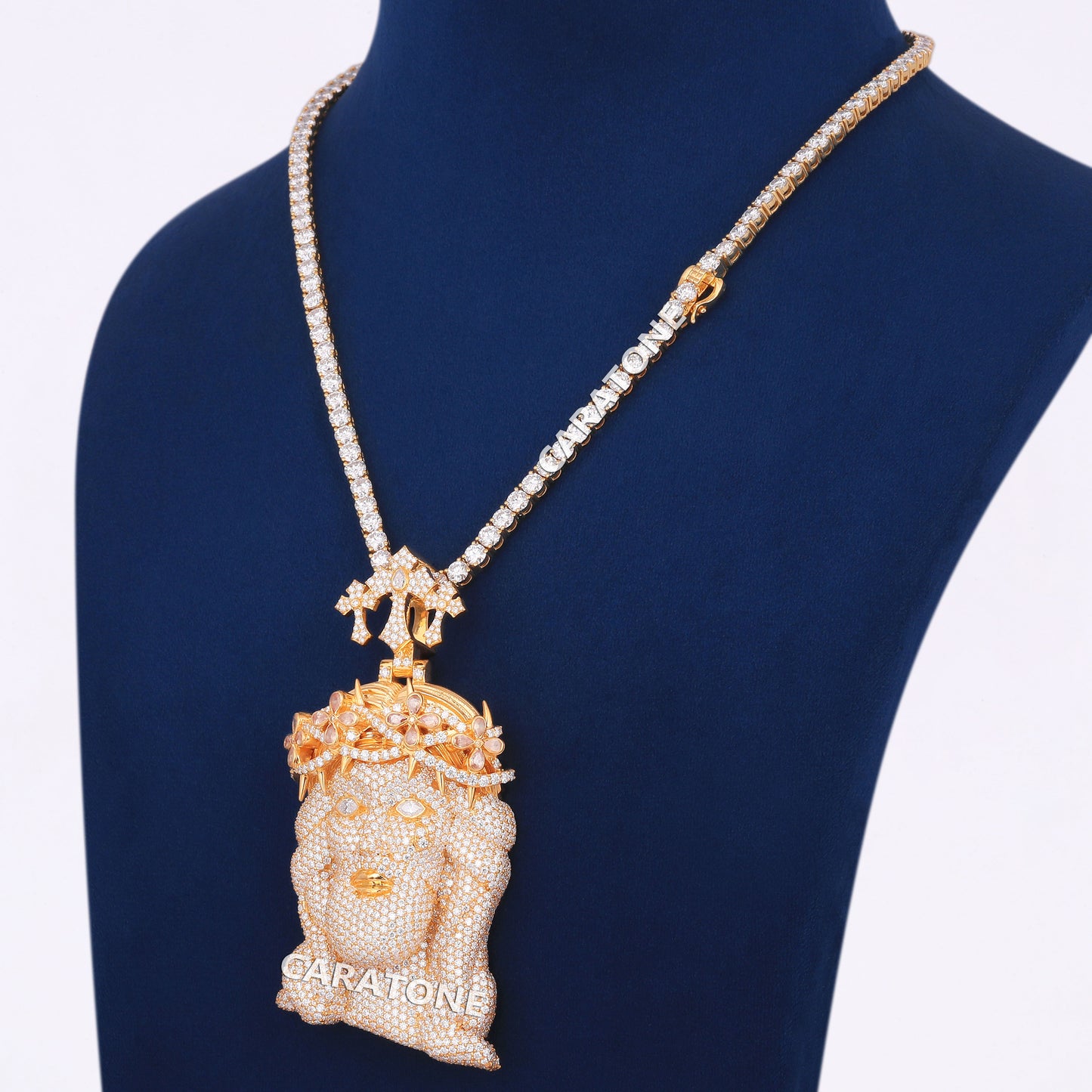 Jesus Custom Piece With 4 MM Tennis Neckalce In 14kt Gold With Lab Diamond