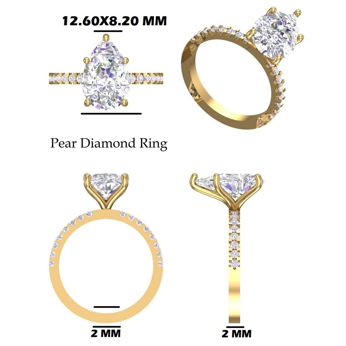 Exclusive Premium Pear Cut Solitaire Ring With Brilliant White Center Stone, Sparkling Pave Set Side Stones, Elegant Yellow Gold Tone Band And Unique Luxury Designer Engagement Jewelry For Women