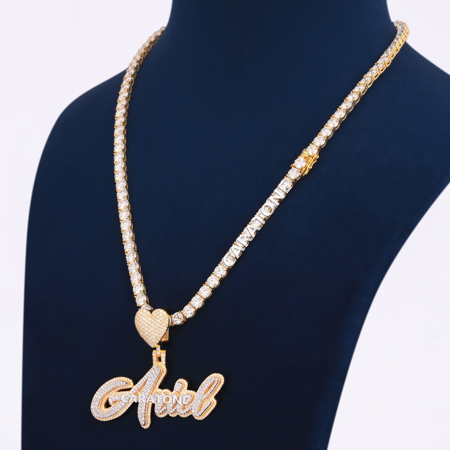 Custom Letter Pendant With 5 MM Tennis Chain In 14 KT Gold With Lab Diamond