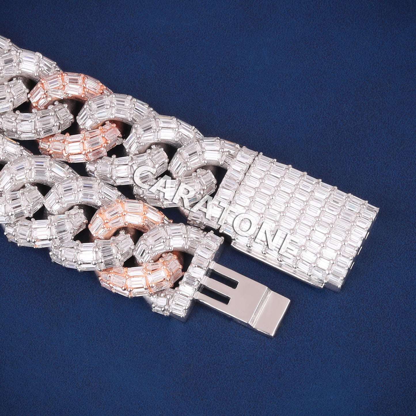 22 inch 15mm Fully Iced New Baguette Figaro Link Chain with Two Tone Silver & Rose Gold Rappers Iced Out Chains in Mens Custom HipHop Chain