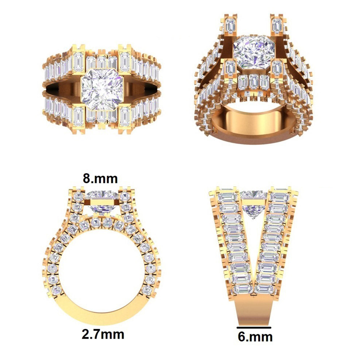 Premium Emerald Cut Solitaire Ring With Baguette Side Stones And Yellow Gold Setting