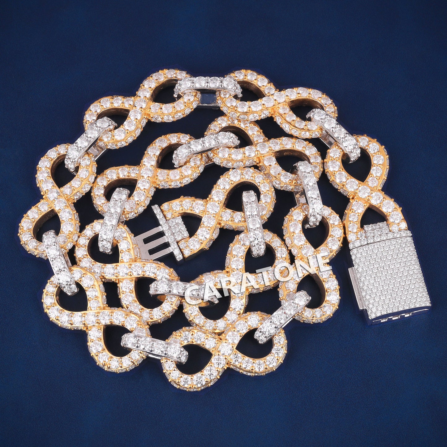 22 inch 18mm Big Round Diamond Iced Infinity Link Cuban Chain with Two Tone Silver & Yellow Gold Mens Custom Rappers Chains
