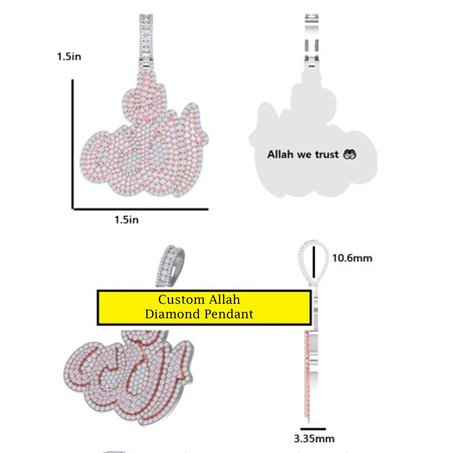Silver Rose Gold Two Tone Custom Allah Necklace Pendant in Fully Iced Out Personalized Diamond Pendants Rapper